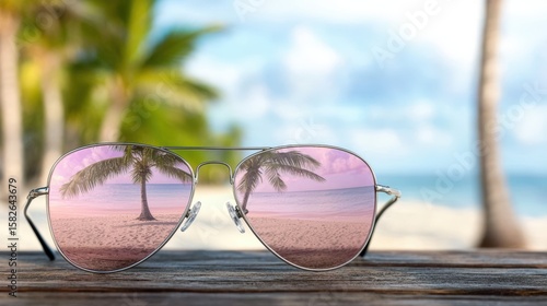 Fototapeta Naklejka Na Ścianę i Meble -  A pair of sunglasses on a wooden table, reflecting a serene beach scene with palm trees and the ocean