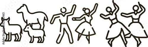 Stylized line art depicting dancing figures and farm animals in a row