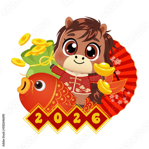 Cute horse with gold ingot and koi fish celebrating Chinese new year 2026