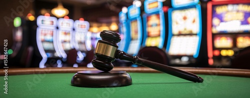 Gavel on Green Casino Table with Blurred Slot Machines in Background