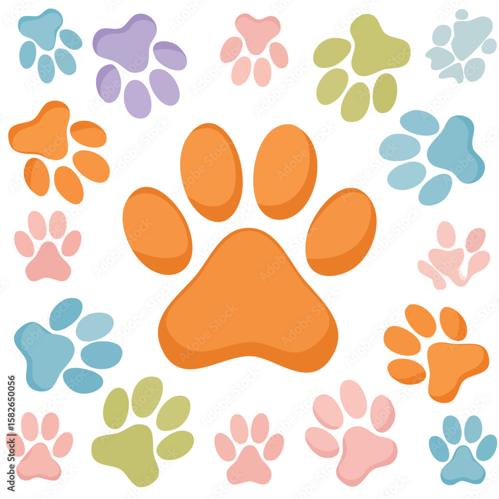 Fototapeta premium Colorful paw print pattern with large orange paw print in center dog paw cat paw