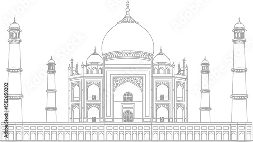 Exquisite line drawing presents the Taj Mahal, showcasing its iconic architecture and symmetrical design, ideal for coloring books or educational resources.
