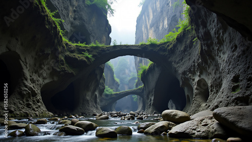 Nature's ingenious craftsmanship reveals the canyon's magnificent beauty and mystery. Natural arch bridges, clear rock textures, vegetation, and gurgling water in the canyon.