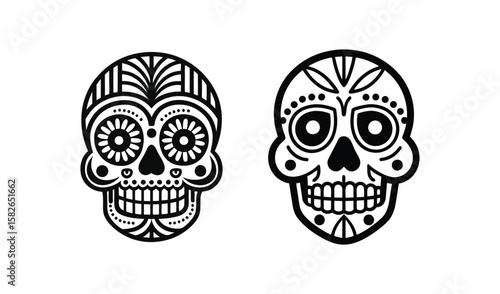 Two stylized black and white sugar skulls with intricate patterns