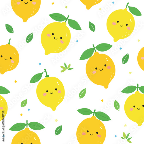 Cute yellow lemons with smiling faces and green leaves pattern fruit happy