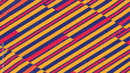 Diagonal stripes pattern in blue orange and red with abstract breaks background
