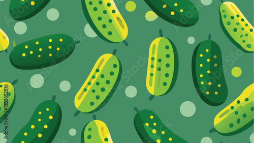 Green cucumber pattern with yellow accents and light green circles pickle vegetable