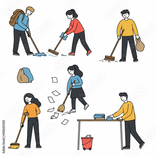 Simple illustrations depicting various people performing cleaning and tidying tasks like sweeping, mopping, wiping, and handling garbage at home or in the office.