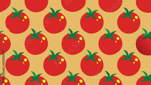 Red tomato pattern with green leaves on a tan background tomatoes
