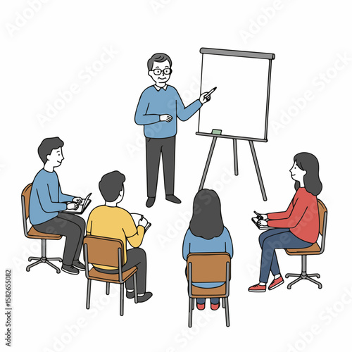 Simple illustration of a teacher giving a presentation or training session to a small group of students or colleagues in a classroom or meeting setting.
