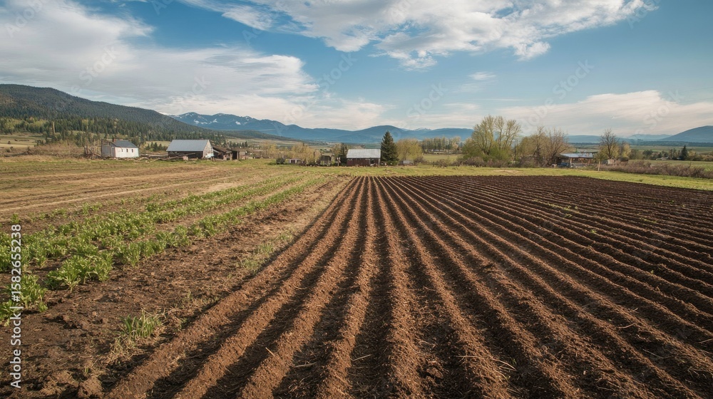 Obraz premium Serene Rural Landscape: Farmland Under a Blue Sky