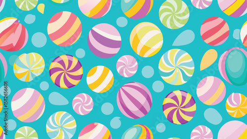 Seamless pattern of colorful round candies and abstract shapes on teal background candy