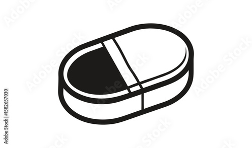 Stylized black and white icon of a pill divided into two halves