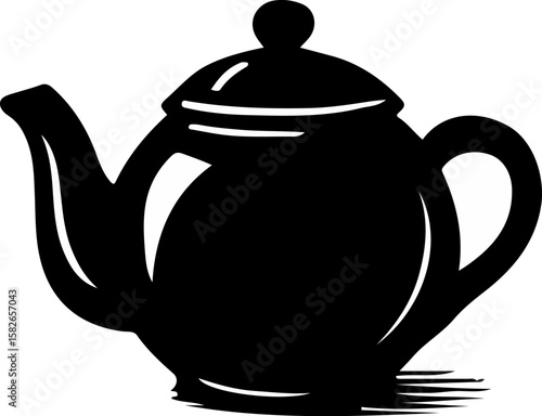 A classic teapot and teacup set in a sophisticated black and white woodcut style, representing elegance and warmth for tea-related designs