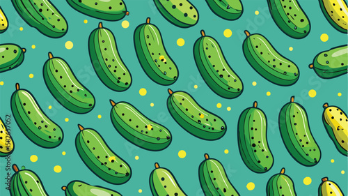 Seamless pattern of green cucumbers and yellow dots on teal background pickle vegetable