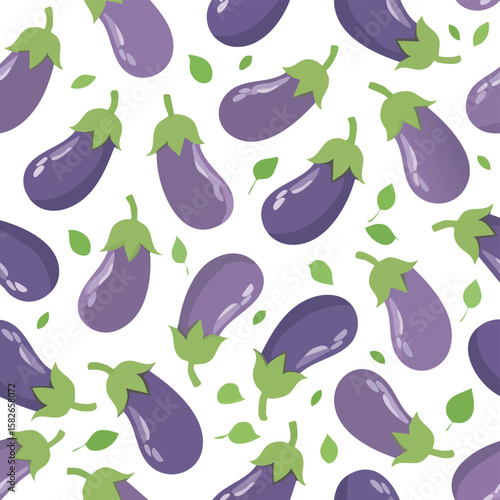 Seamless pattern of purple eggplants and green leaves on white background aubergine 1