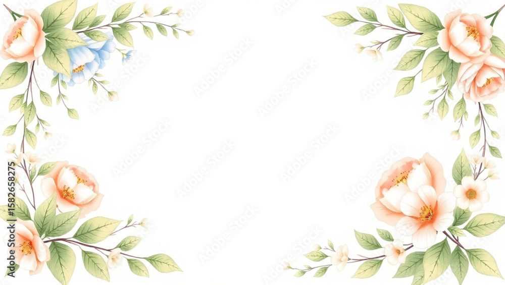 Fototapeta premium Delicate floral arrangement featuring peach roses and green leaves in the corners, creating a frame.