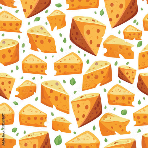Seamless pattern of Swiss cheese wedges and green basil leaves on white cheese pattern