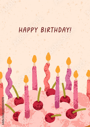 Happy Birthday, greeting card, postcard design with candles and cherry berrie...