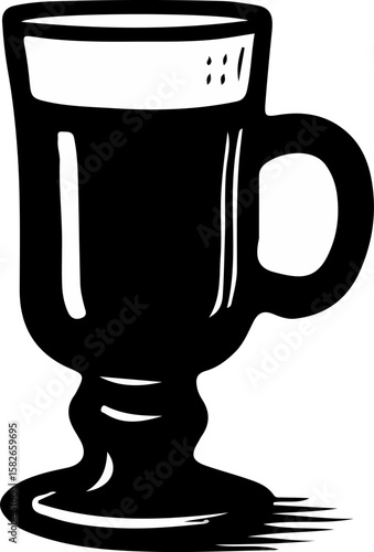 A tall Irish coffee glass, capturing a cozy and spirited beverage in a distinct black and white woodcut illustration