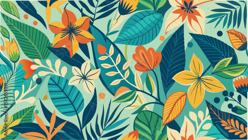 Tropical jungle leaves and flowers pattern in teal orange and yellow abstract background