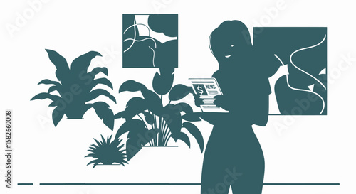 Silhouette of a Woman Reading News Surrounded by Plants and Art.