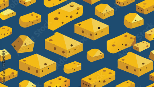 Yellow cheese blocks with holes seamless pattern on blue background food dairy
