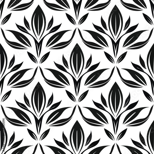 Black and white floral motif seamless pattern with stylized leaves background