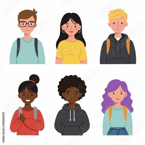 Diverse group of young students with backpacks, smiling, in a flat illustration style suitable for education and youth culture themes.
