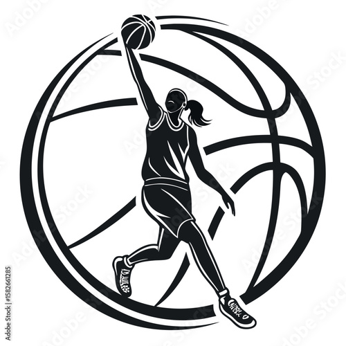 Dynamic Female Athlete Soars for a Slam Dunk in Basketball Hoop Silhouette