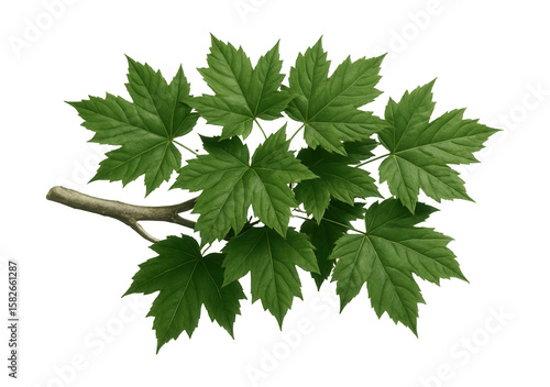 Full-grown maple tree branch with dense, palmate leaves and smooth, grey bark