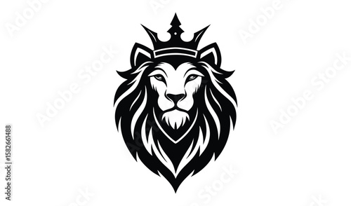 Majestic black lion head wearing a royal crown emblem on white background