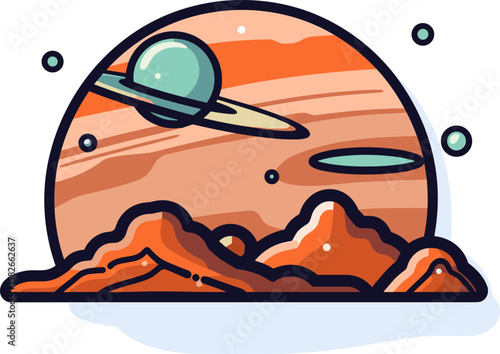 Saturn-like planet with rings and moons in the cosmos illustration