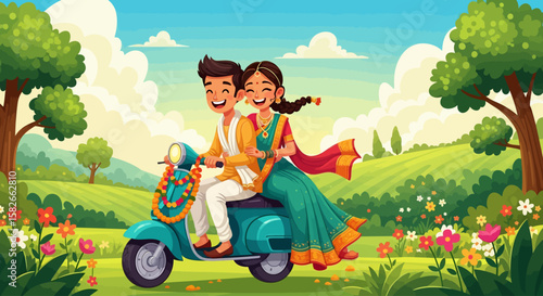 A cartoon couple joyfully rides a turquoise scooter through a vibrant green landscape under a sunny sky.
