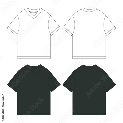 Wallpaper Mural V- neck Short sleeve t shirt technical drawing fashion flat sketch vector illustration white and black color template front and back Torontodigital.ca