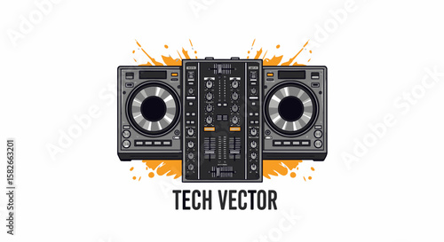 A graphic illustration of a DJ mixing console with splash effects.