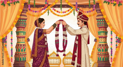 Indian bride and groom exchange garlands during a vibrant wedding ceremony, adorned in traditional attire within a beautifully decorated mandap.