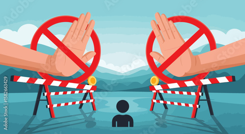 Symbolic illustration depicting barriers, restrictions, and a person caught in the middle.