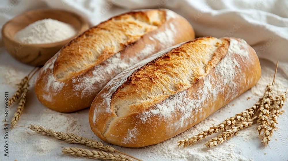 Artisanal sourdough bread loaf with flour and wheat ears on a rustic backdrop Artisanal sourdough bread loaf with flour and wheat ears on a rustic backdrop