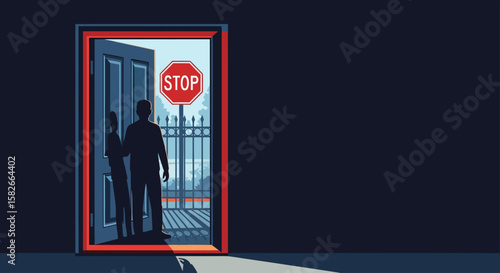 A silhouetted couple stands at an open doorway with a stop sign visible outside, framed by a red border.