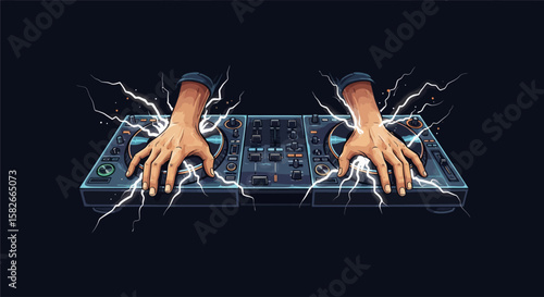 A digital illustration showing hands emerging from a dark background, controlling a DJ mixer with electric energy.