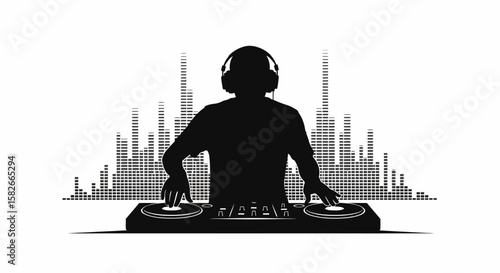 Silhouette of a DJ mixing music, with sound wave background.
