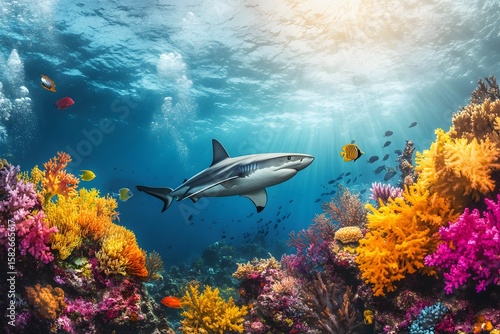 Wallpaper Mural Vibrant Coral Reef Underwater Scene with Shark and Colorful Tropical Fish Torontodigital.ca