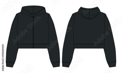 Black color Hoodie Technical drawing fashion flat sketch vector illustration template front and back