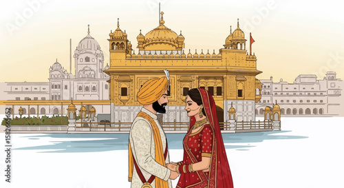 A Sikh couple in traditional attire holds hands in front of the Golden Temple in Amritsar, India.