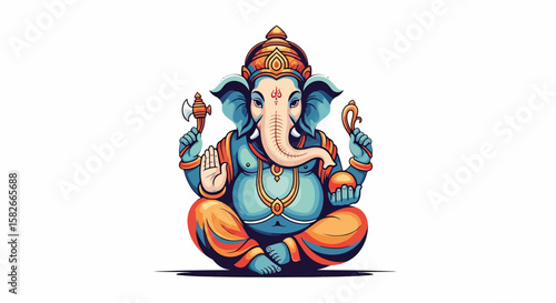 Illustration of Hindu God Ganesha seated in a lotus position, holding an axe and a sweet.