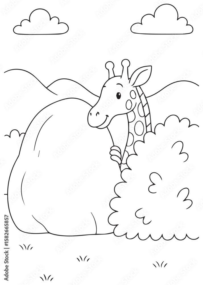 Fototapeta premium Coloring book giraffe hiding behind a bush.