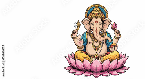 Illustration of Lord Ganesha sitting on a lotus flower, holding symbolic items.