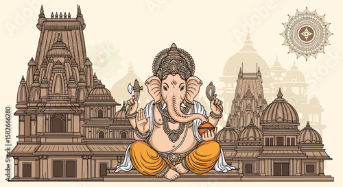 Illustration of Lord Ganesha in a lotus position, with temples and a mandala in the background.