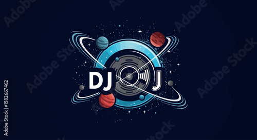Artistic depiction of a DJ setup, incorporating celestial elements and a cosmic theme.